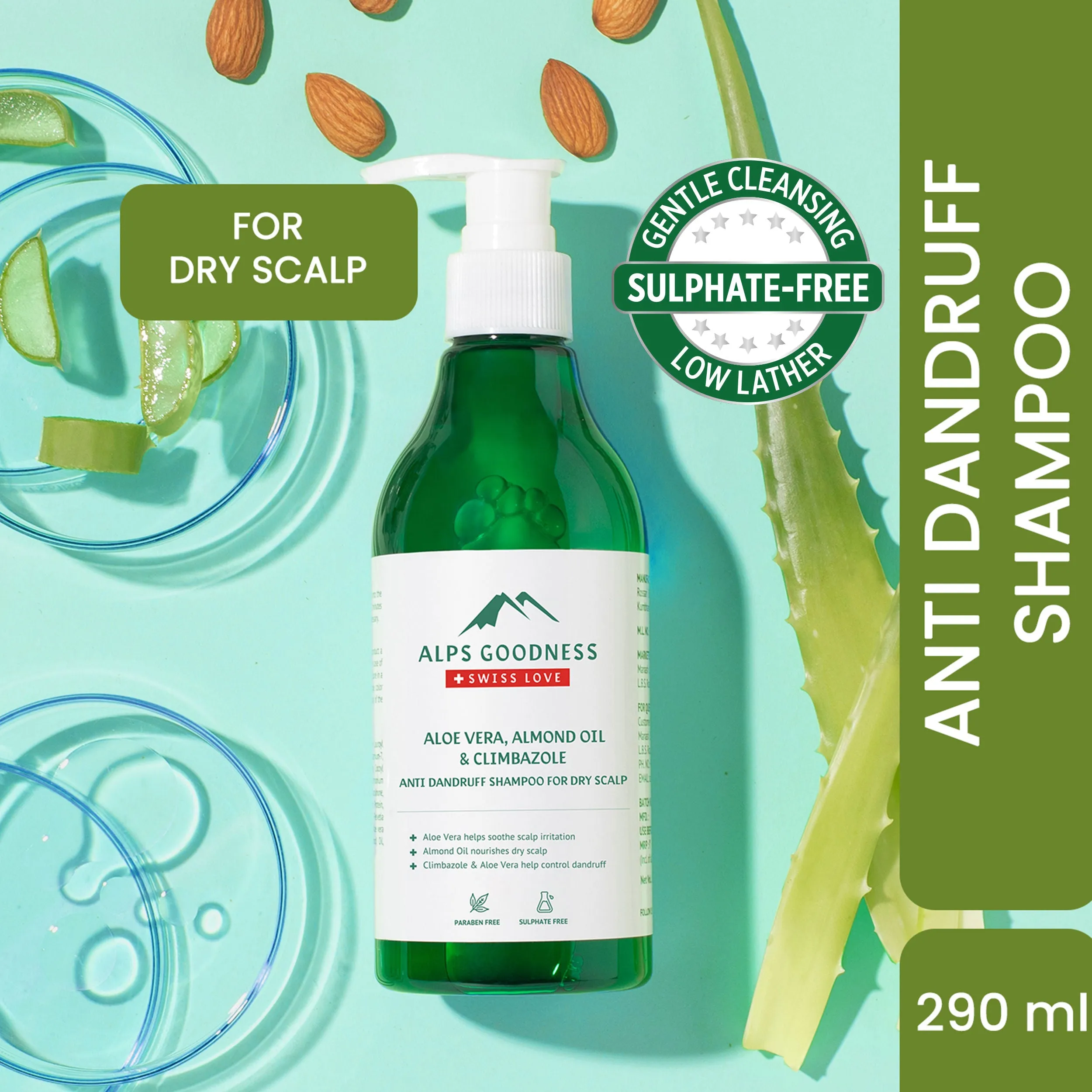 Alps Goodness Aloe Vera, Almond Oil & Climbazole Anti-Dandruff Shampoo for Dry Scalp (290ml) | Sulphate Free Shampoo| Silicone Free Shampoo | Gentle & Mild Cleansing Shampoo| Anti-Dandruff Shampoo| Shampoo for Dry Hair| Shampoo for Dry Scalp