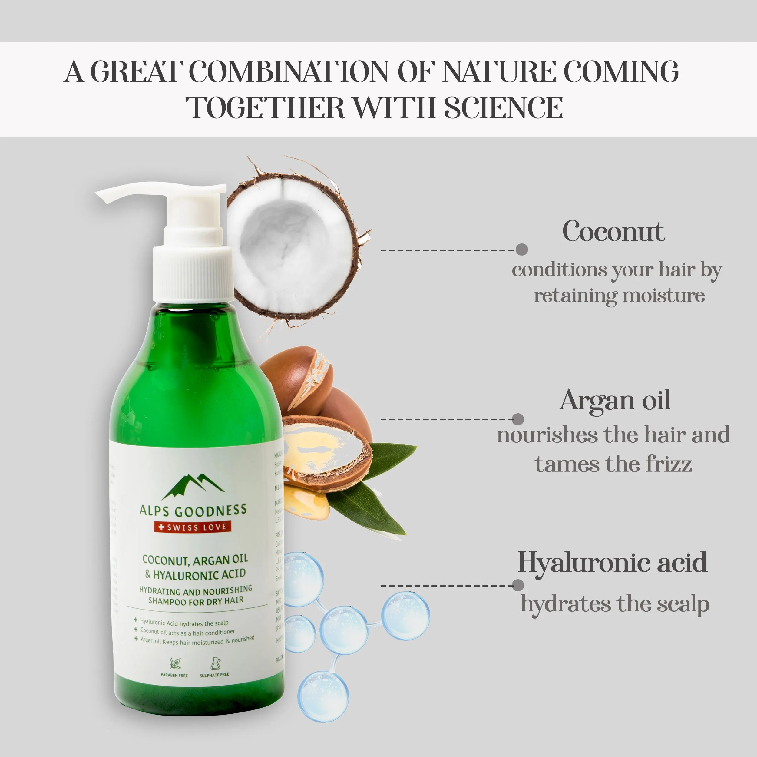 Alps Goodness Coconut, Argan Oil & Hyaluronic Acid Hydrating & Nourishing Shampoo for Dry Hair (290 ml) | Sulphate Free, Silicone Free, Paraben Free | Gentle & Mild Cleansing Shampoo| Vegan | Suitable for Dry & Frizzy Hair (290 ml)