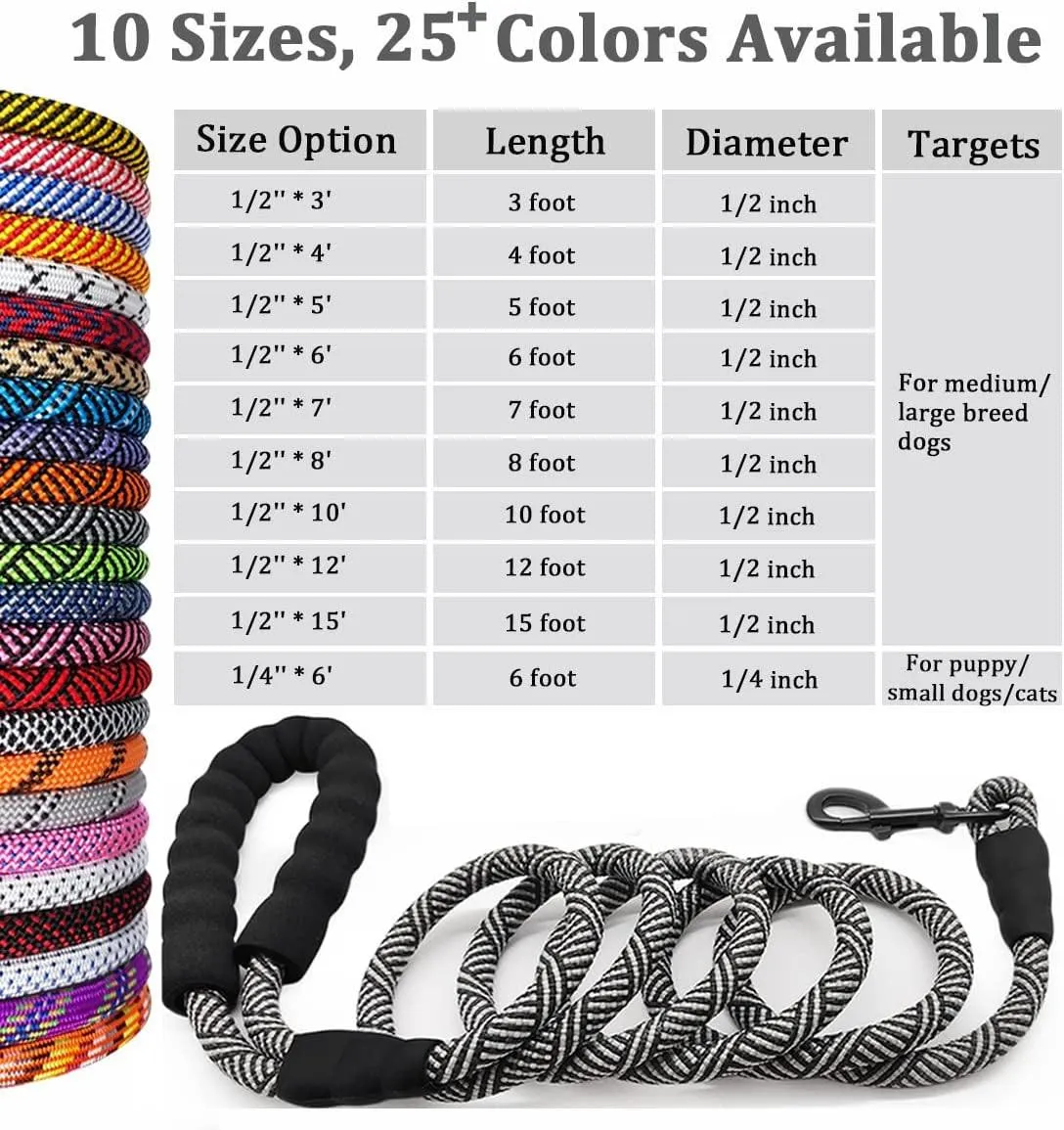 Durable Nylon Dog Leash with Soft Padded Handle - Multiple Lengths for All Dog Sizes