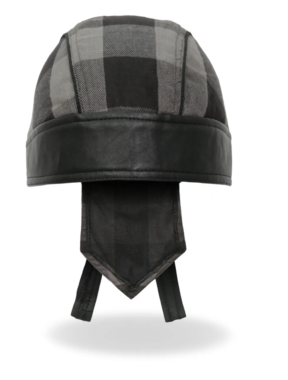 Grey Check Flannel with Leather Trim Pre-Tied Zandana - Bandana