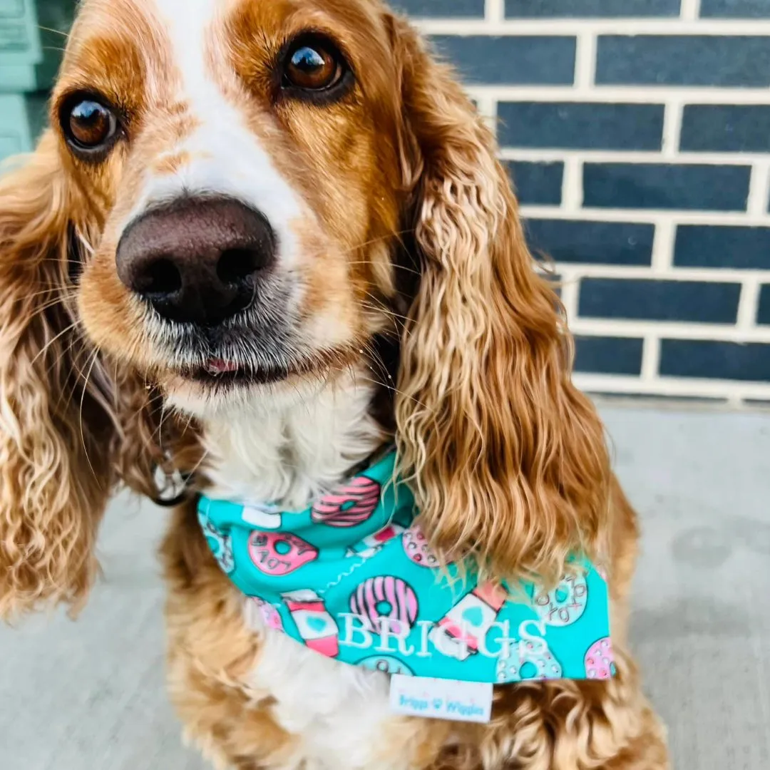 Valentine's Day Donuts & Coffee Dog Bandana - Handmade Teal Design